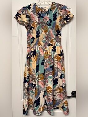 Wishing Waves Women’s Size L Smocked Tropical Paisley Midi Dress Boho Ruffle